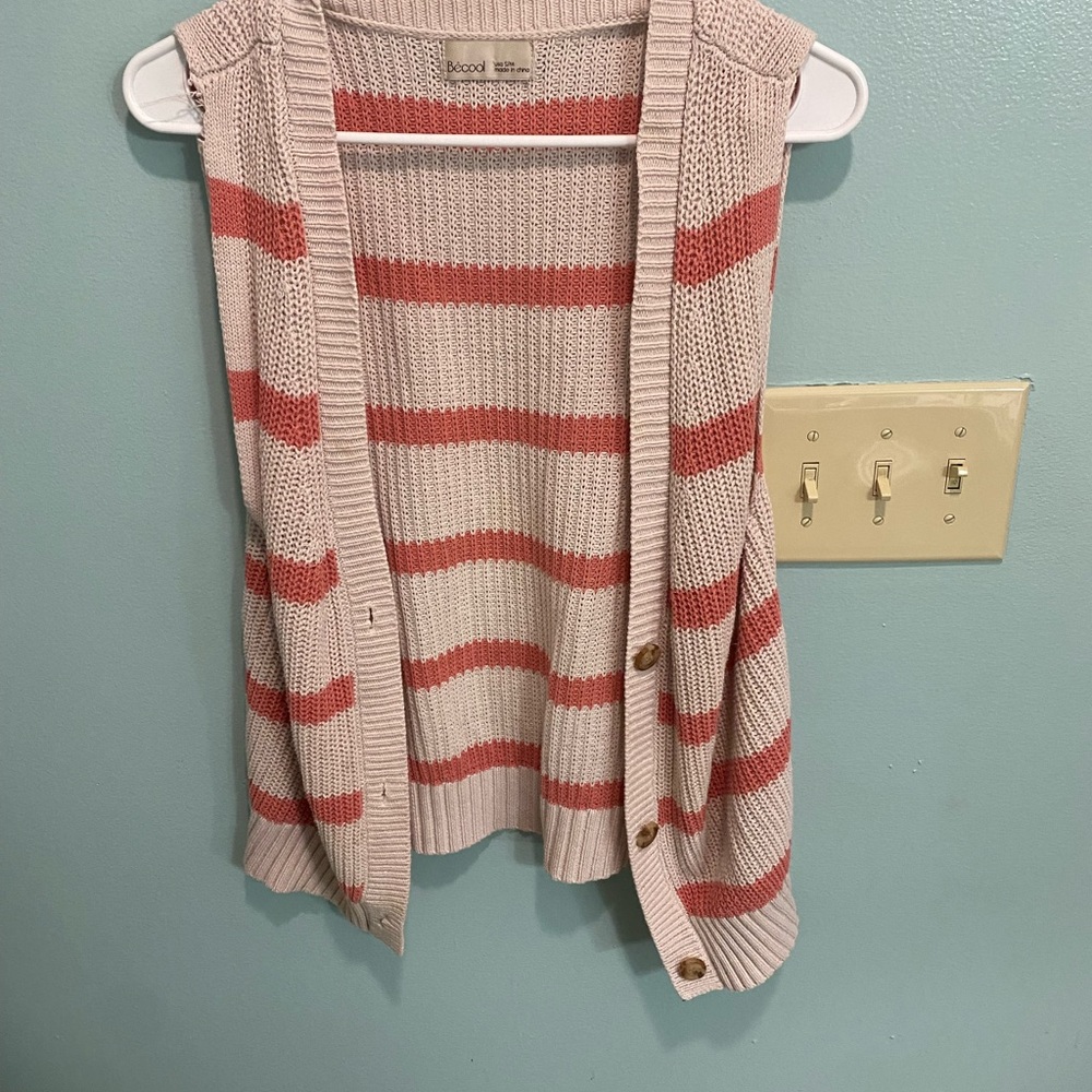 BE COOL Pink and Cream Striped V-Neck Sweater Vest